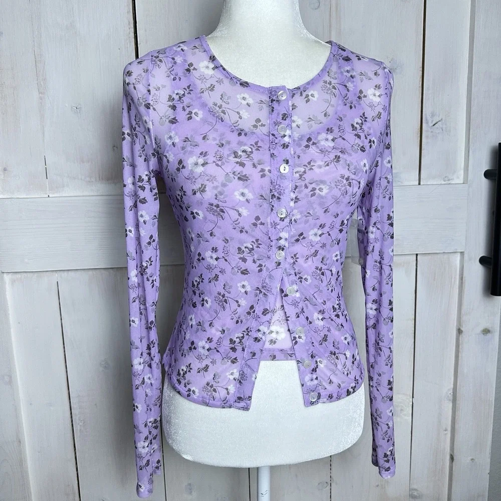 NWOT Free People Twosie For One Mesh‎ Top Set Y2K Floral Size XS Lilac Combo